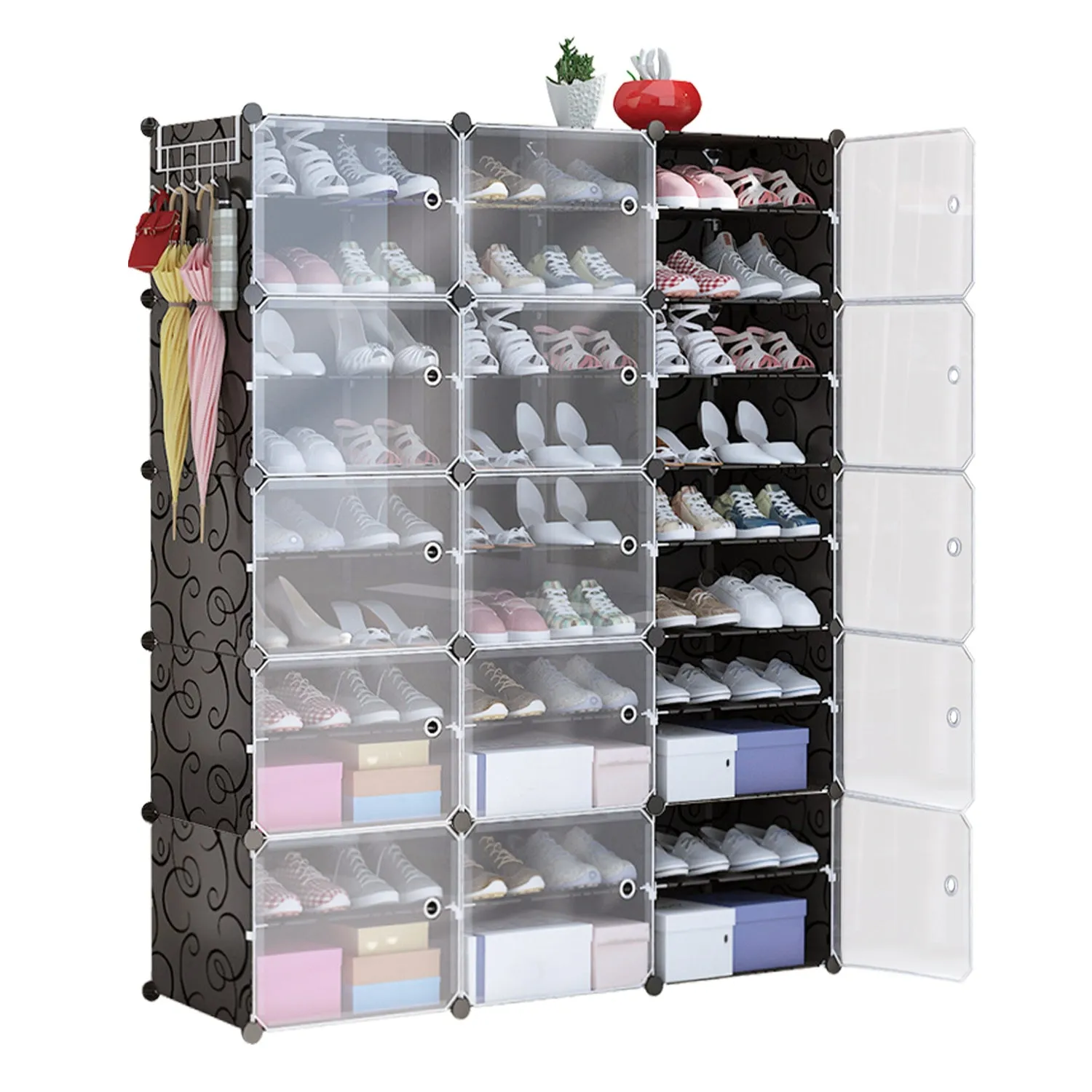 10-Tier 3-Row Shoe Rack Organizer Stackable Free Standing Shoe Storage Shelf Plastic Shoe Cabinet Tower with Transparent Doors for Heels Boots Slipper