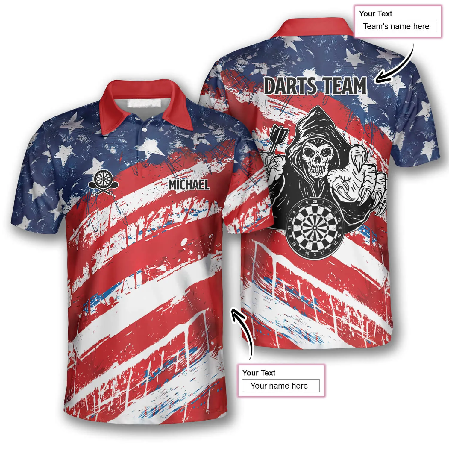 American Flag Water Color Custom Darts Polo Shirts for Men, Dart Skull Shirt