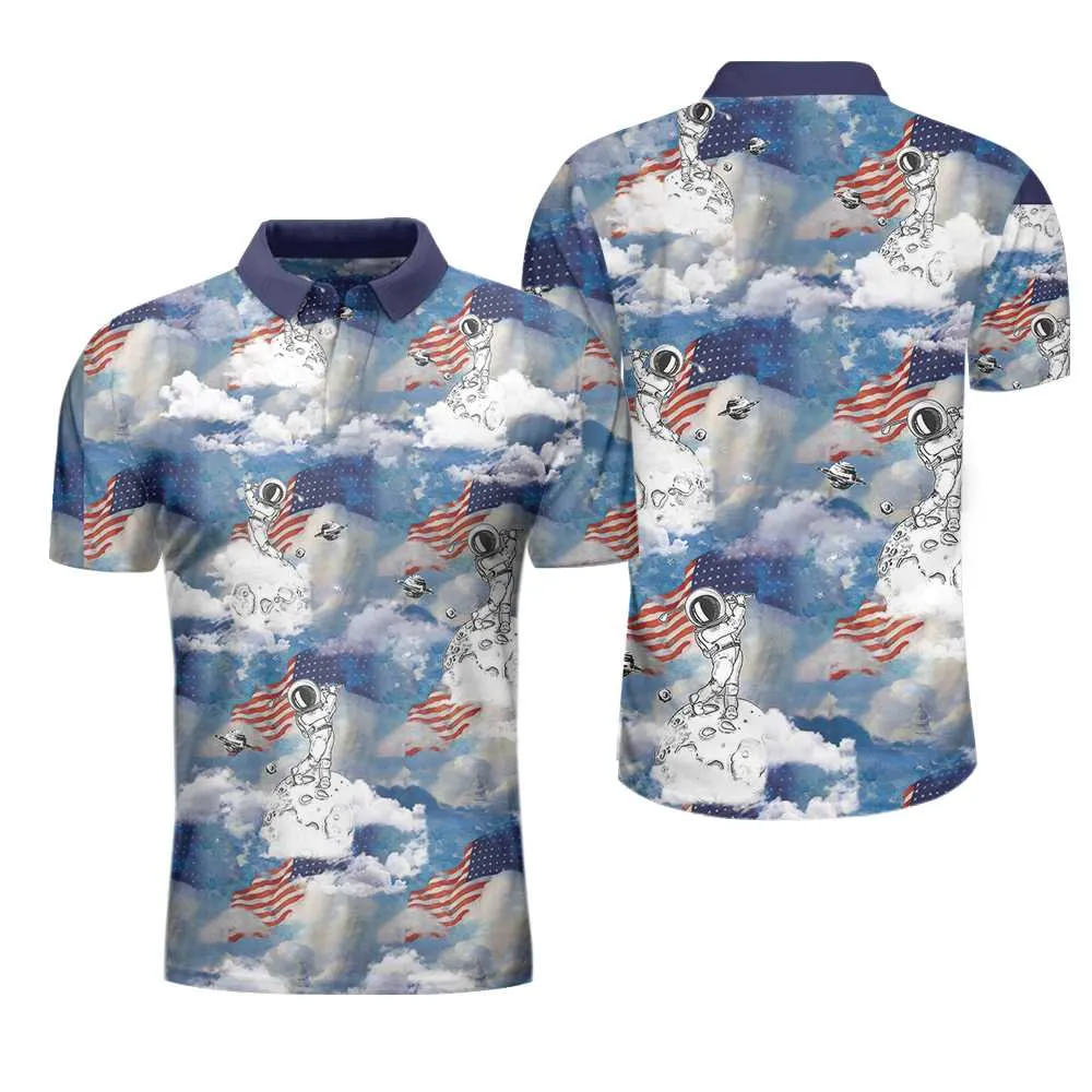 Astronaut Plays Golf In Space American Flag Polo Shirt, Cloud Golfing Polo Shirt, Best Golf Shirt For Men Coolspod