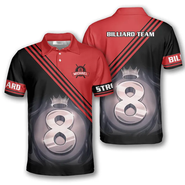 Billiard Ball 8 Red Black Custom Billiard Shirts for Men, Custom Billiard Shirts for Team, Men's Billiard Polo Shirts