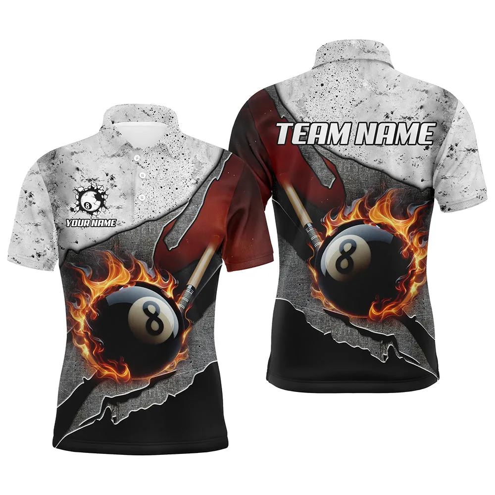 Billiard Grey Grunge Fire 8 Ball Pool Cue Customized Name, Team Name 3D Polo Shirt For Men