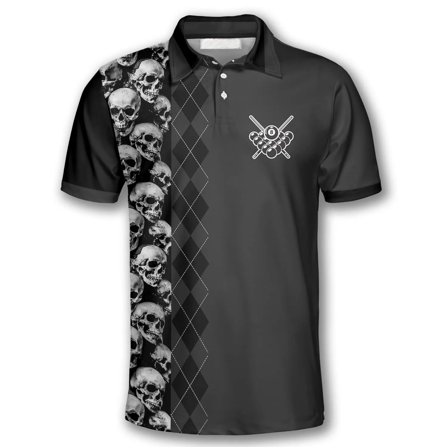 Billiard I Beat People With A Stick Pool Player Skull Argyle Pattern Billiard Shirts for Men Billiard Polo Shirt