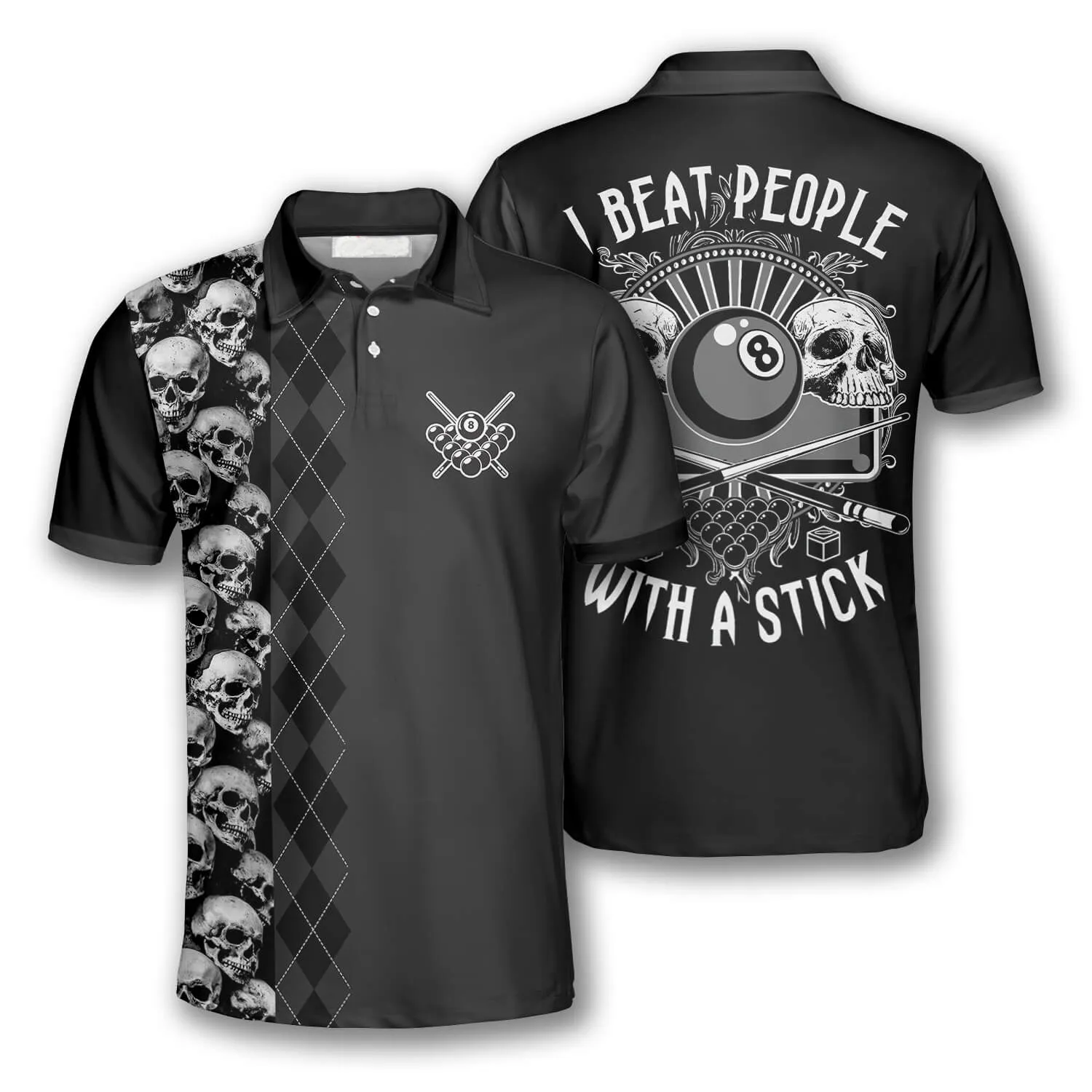 Billiard I Beat People With A Stick Pool Player Skull Argyle Pattern Billiard Shirts for Men Billiard Polo Shirt