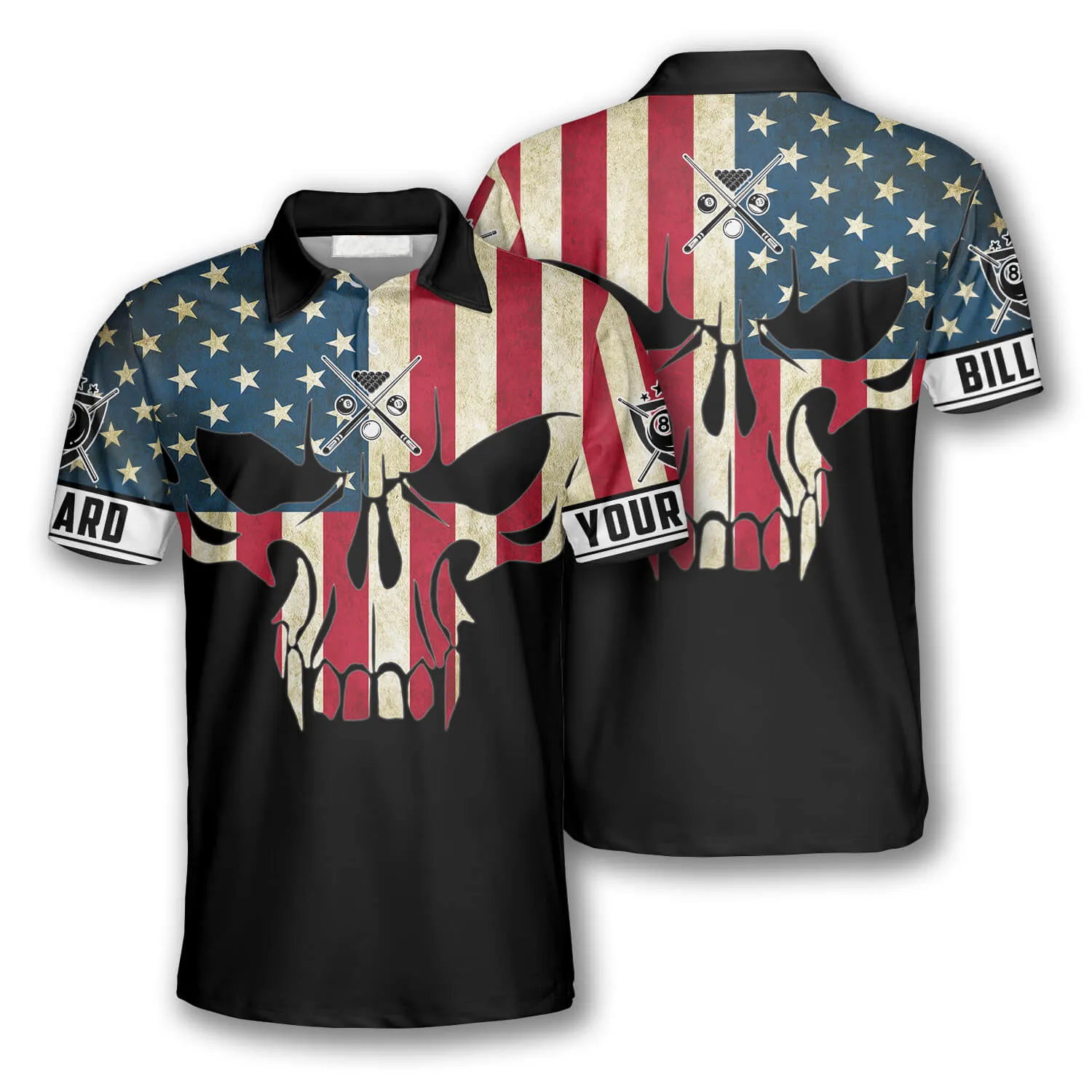 Billiard Retro Skull American Flag Custom Billiard Shirts for Men, American Billiard Shirt