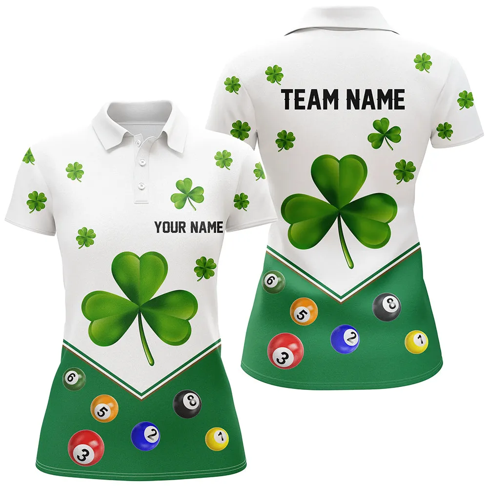 Billiard St Patrick's Day Custom Green Clover Women Polo Shirts, Lucky Billiard Apparel For Player