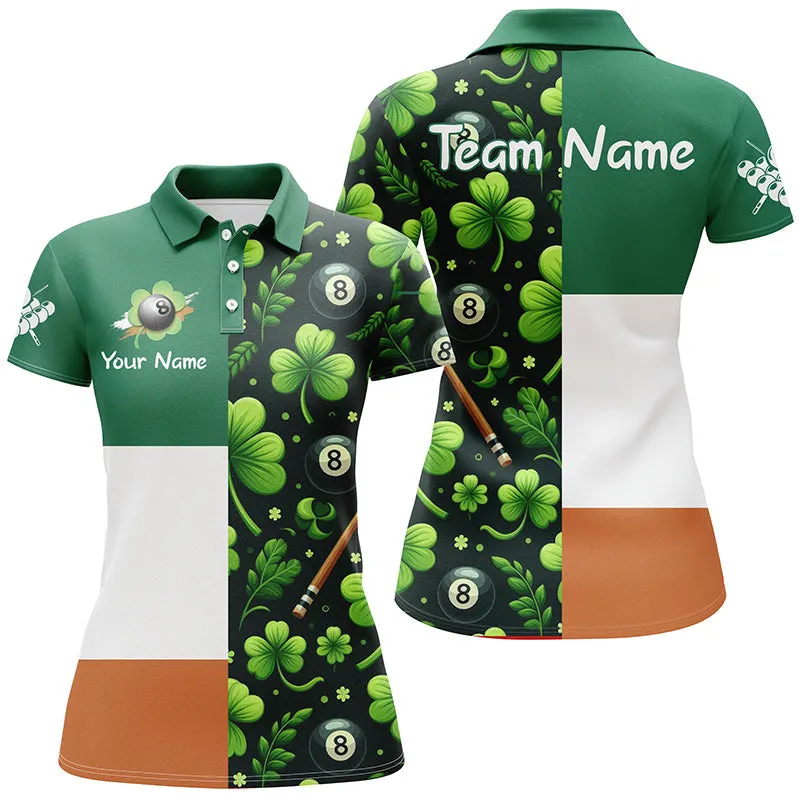 Billiard St Patrick's Day Custom Green Clover Women Polo Shirts, Lucky Billiard Apparel For Player