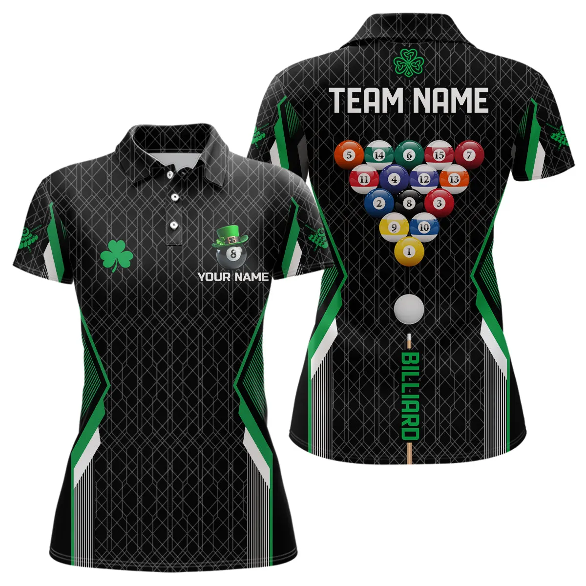 Billiard St Patrick's Day Custom Green Clover Women Polo Shirts, Lucky Billiard Apparel For Player