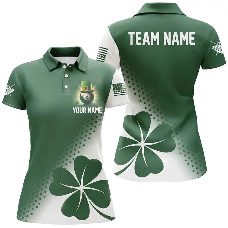 Billiard St Patrick's Day Custom Green Clover Women Polo Shirts, Lucky Billiard Apparel For Player