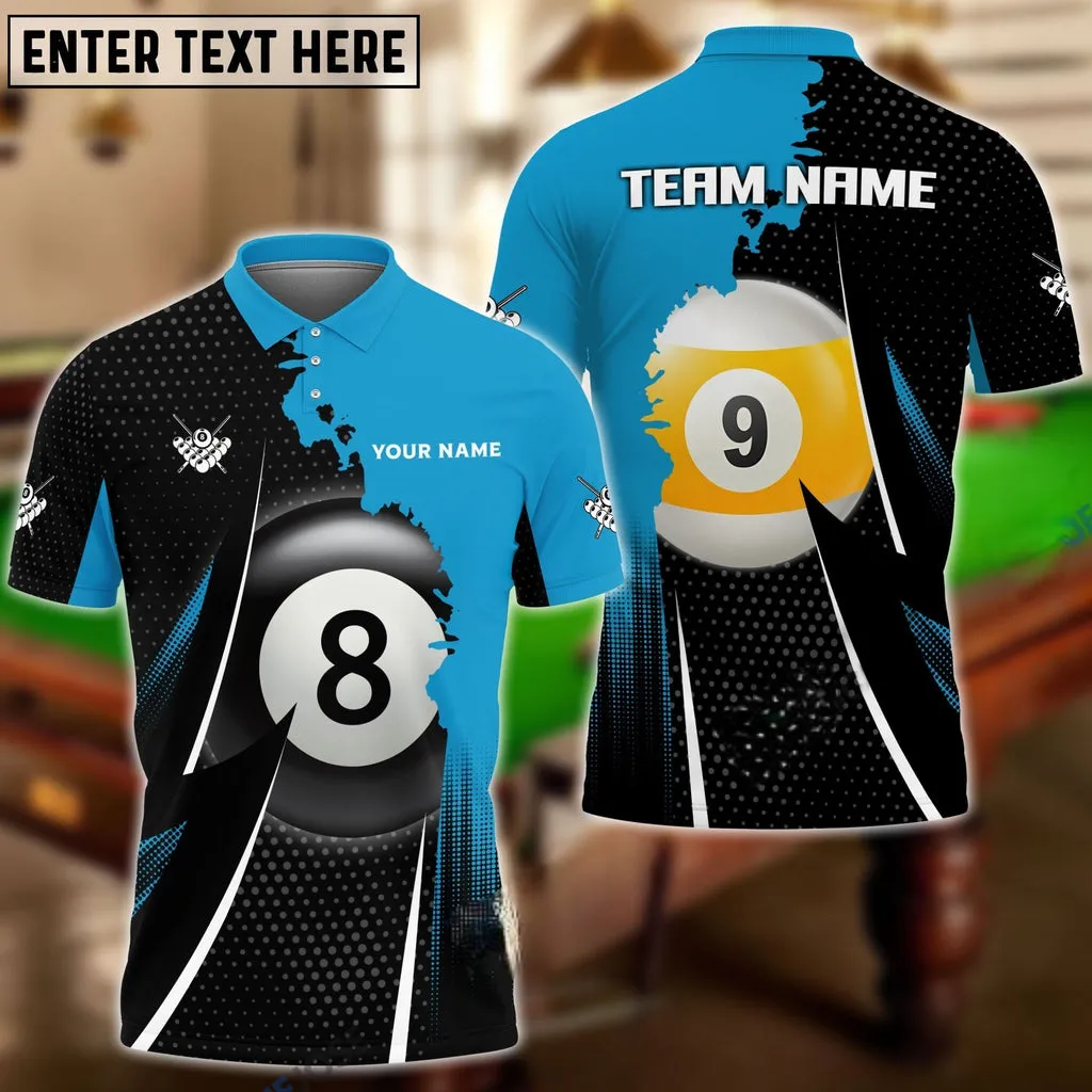 Billiards 8 Ball & 9 Ball Blue Personalized Name Team Name 3D Polo Shirt, Idea Gift for Billiards Lovers