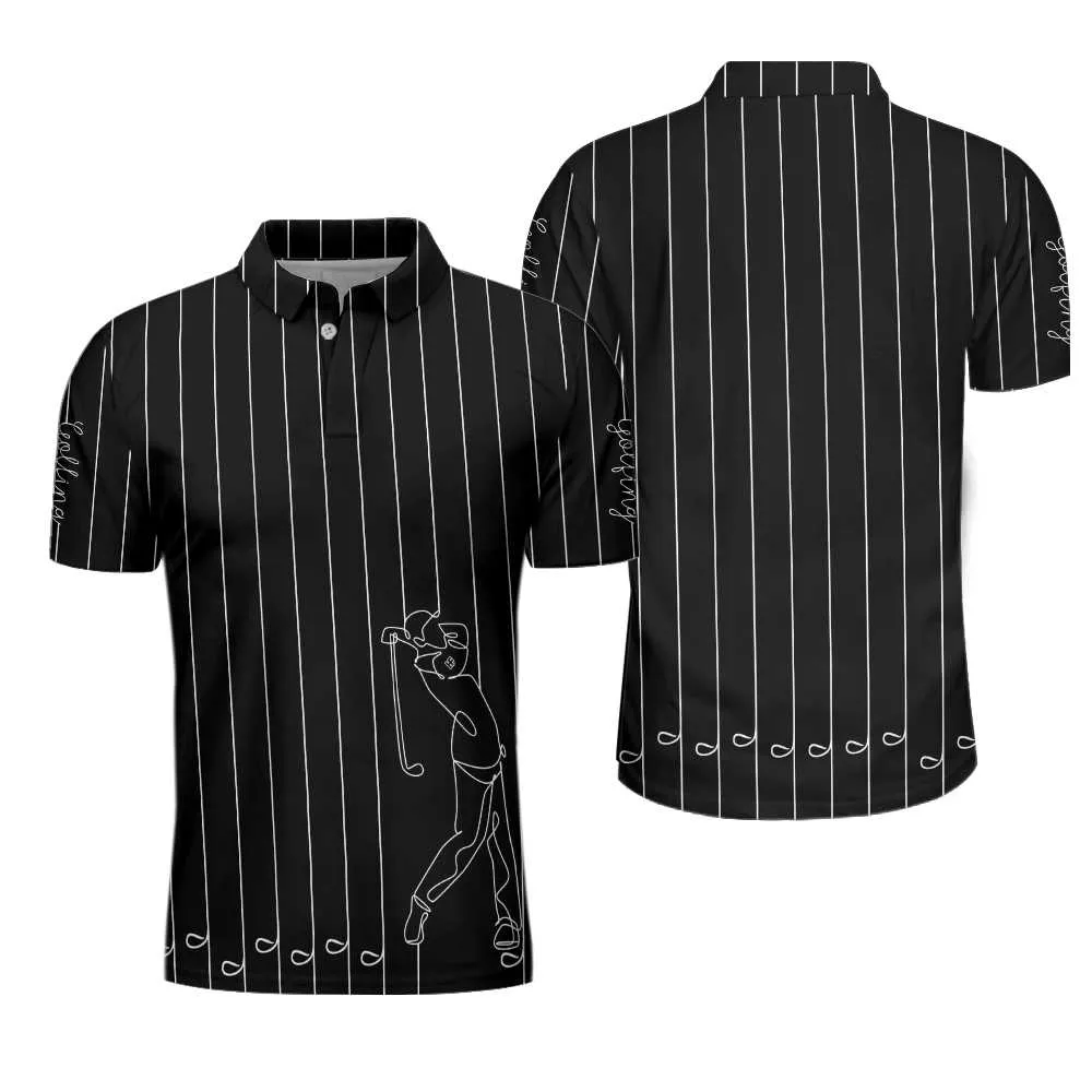 Black & White Single Line Continuous Golfer Shirt Polo Shirt, Vertical Lines Golfing Polo Shirt, Best Golf Shirt For Men Coolspod