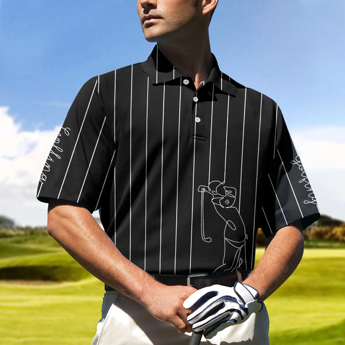 Black & White Single Line Continuous Golfer Shirt Polo Shirt, Vertical Lines Golfing Polo Shirt, Best Golf Shirt For Men Coolspod