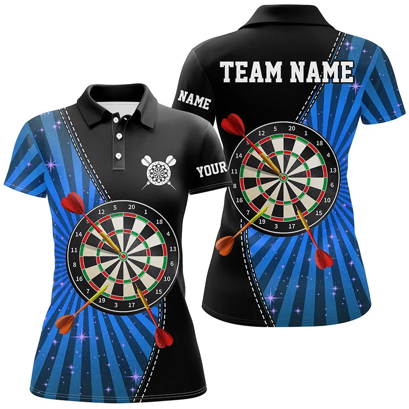 Black Blue Halo Womens Darts Polo Shirt Custom Cool Darts Shirt For Women