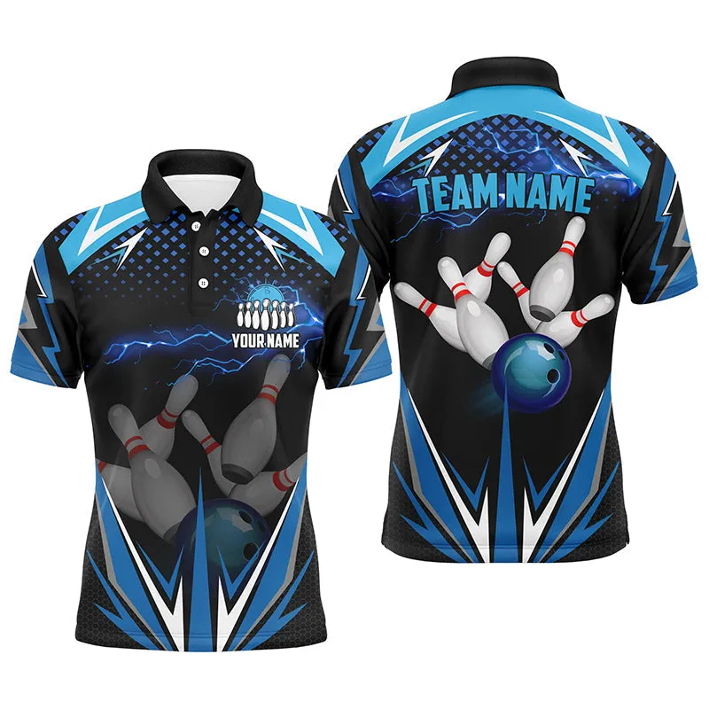 Black Men Bowling Polo Shirt Custom Blue Lightning Team Mens Bowlers Jerseys Bowling Outfits