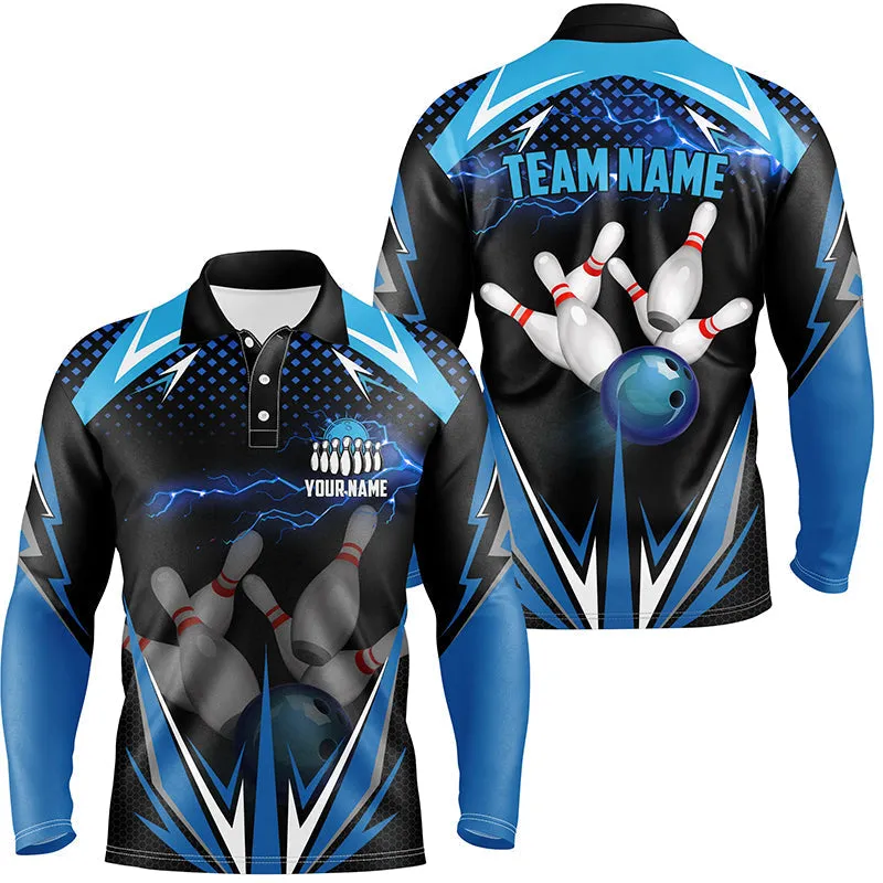 Black Men Bowling Polo Shirt Custom Blue Lightning Team Mens Bowlers Jerseys Bowling Outfits