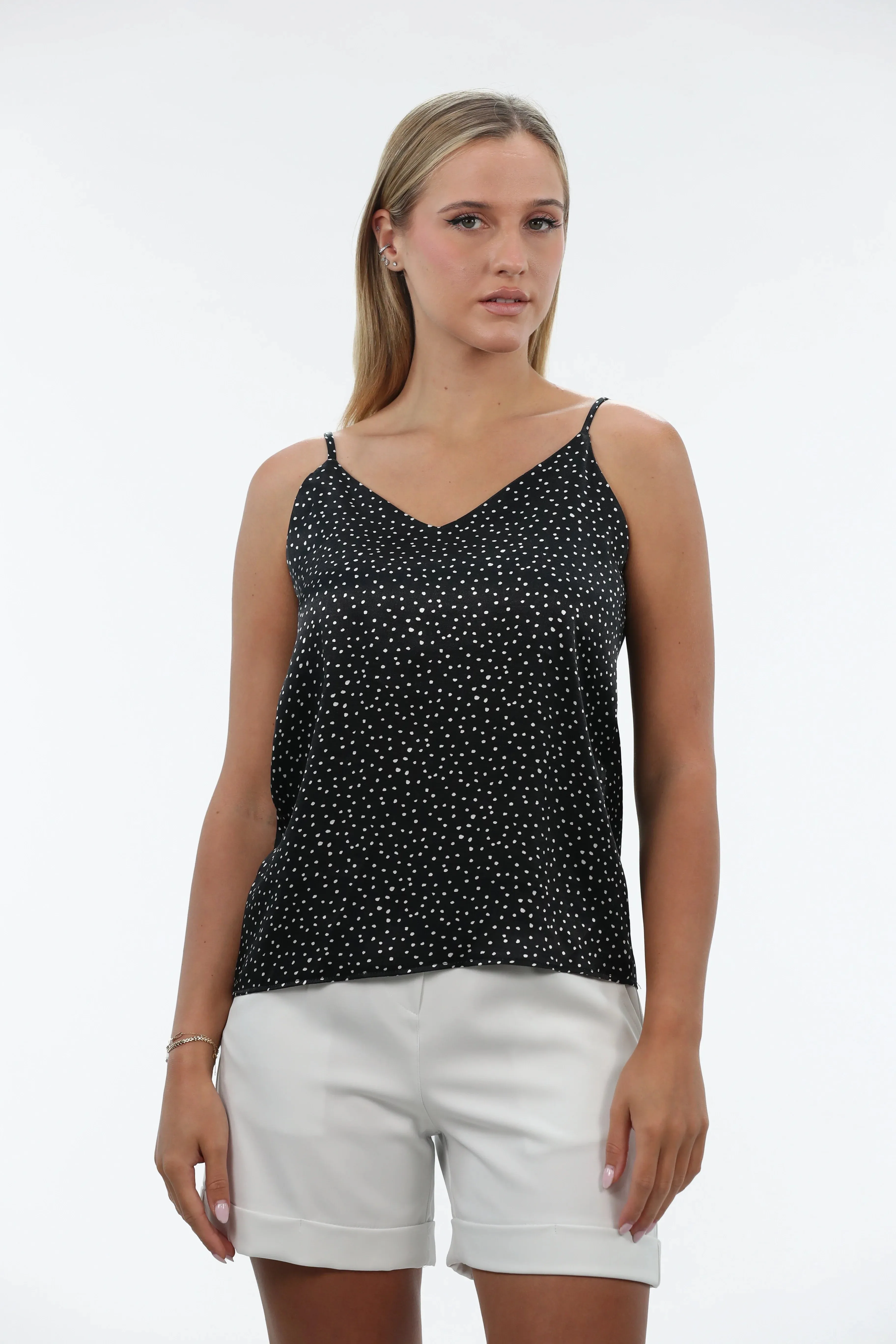 Black Satin Top Sleeve Less Doted