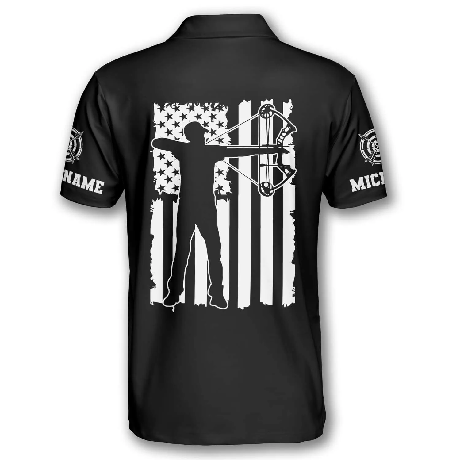 Black White American Flag Custom Archery Polo Shirts for Men, Flag American Archery Shirt