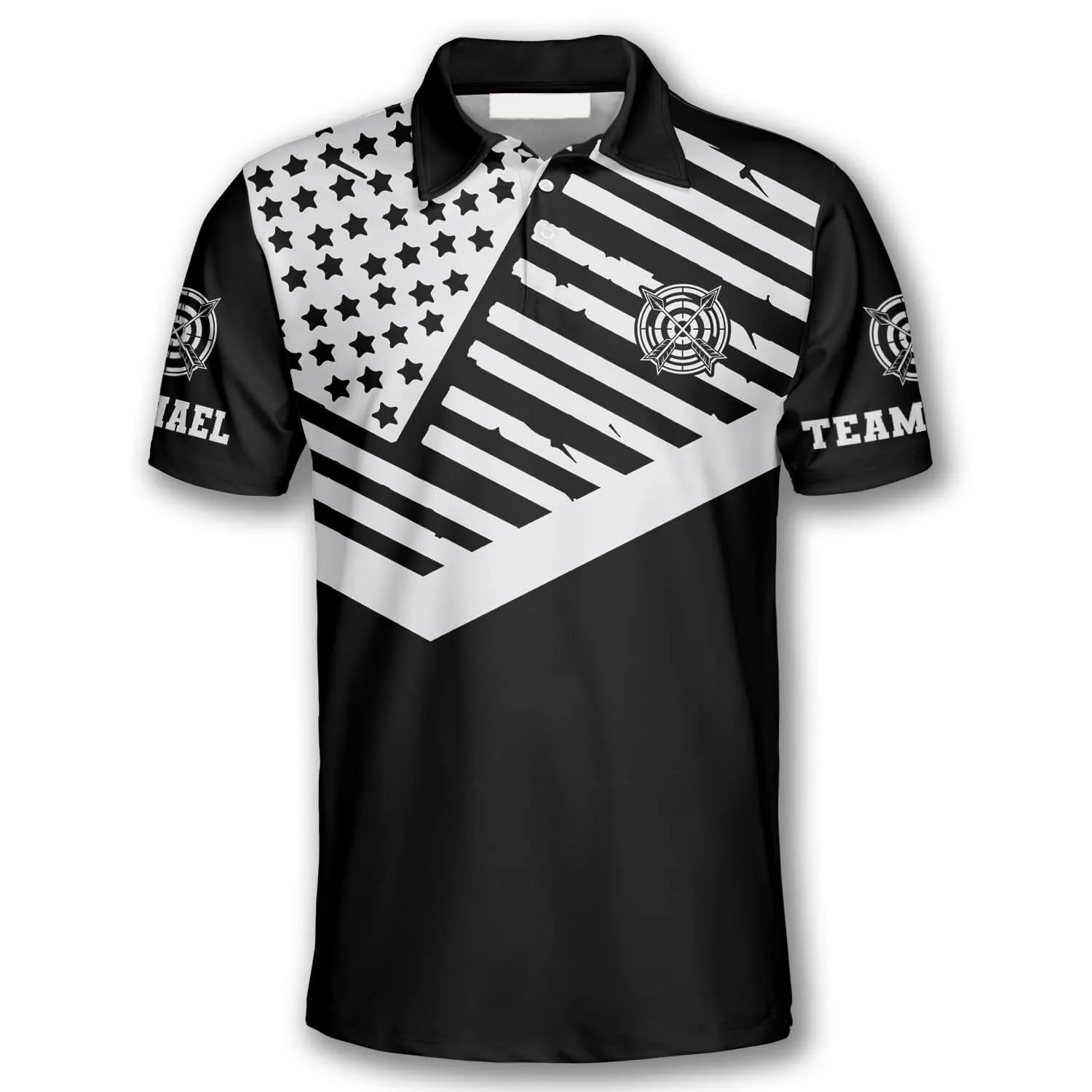 Black White American Flag Custom Archery Polo Shirts for Men, Flag American Archery Shirt