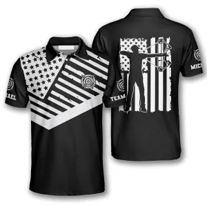 Black White American Flag Custom Archery Polo Shirts for Men, Flag American Archery Shirt