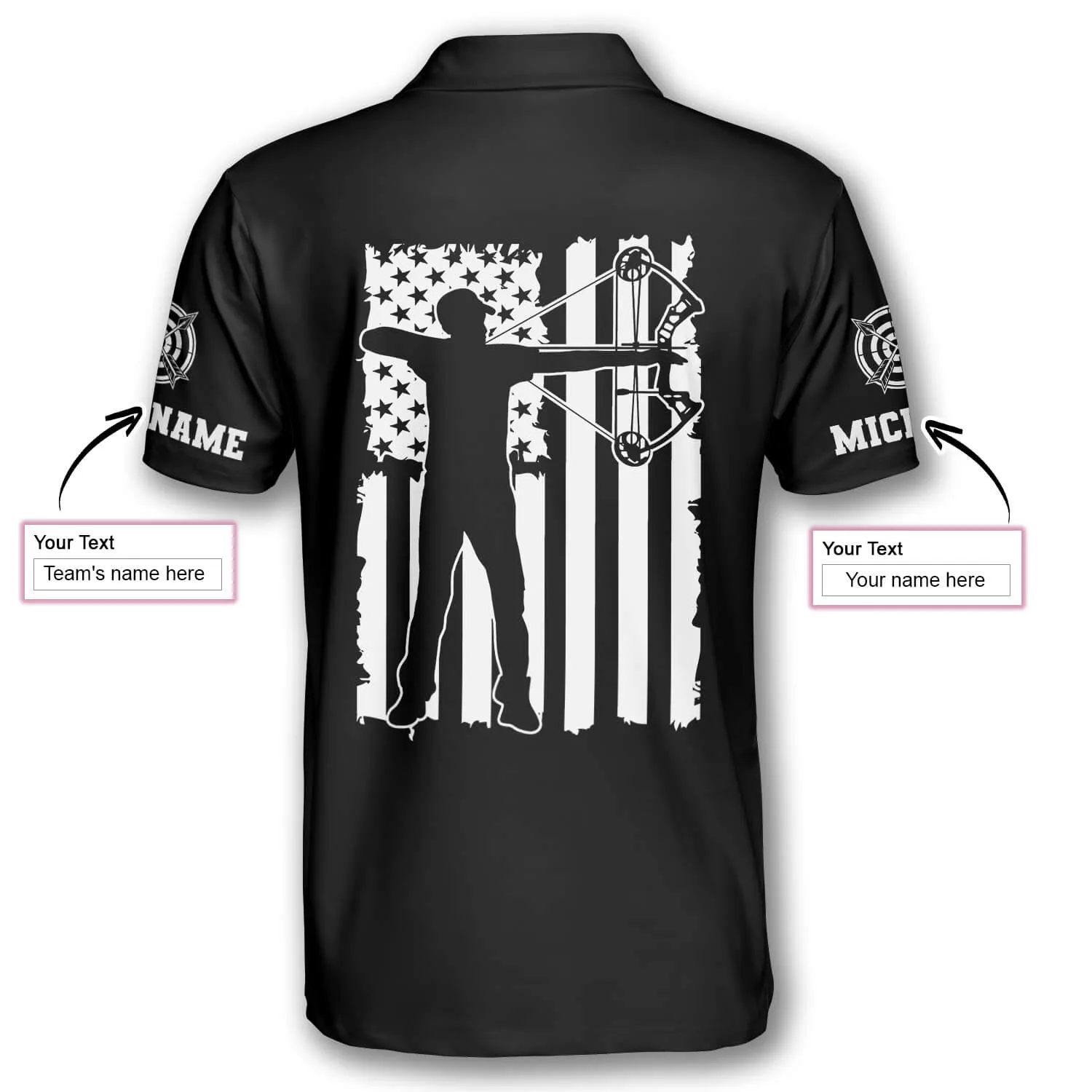 Black White American Flag Custom Archery Polo Shirts for Men, Flag American Archery Shirt