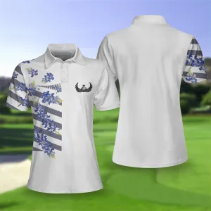 Bluebonnet Golf Short Sleeve Women Polo Shirt, Floral Texas Golf Shirt For Women