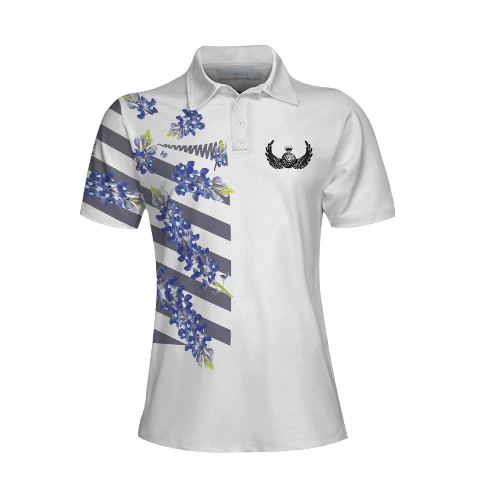 Bluebonnet Golf Short Sleeve Women Polo Shirt, Floral Texas Golf Shirt For Women