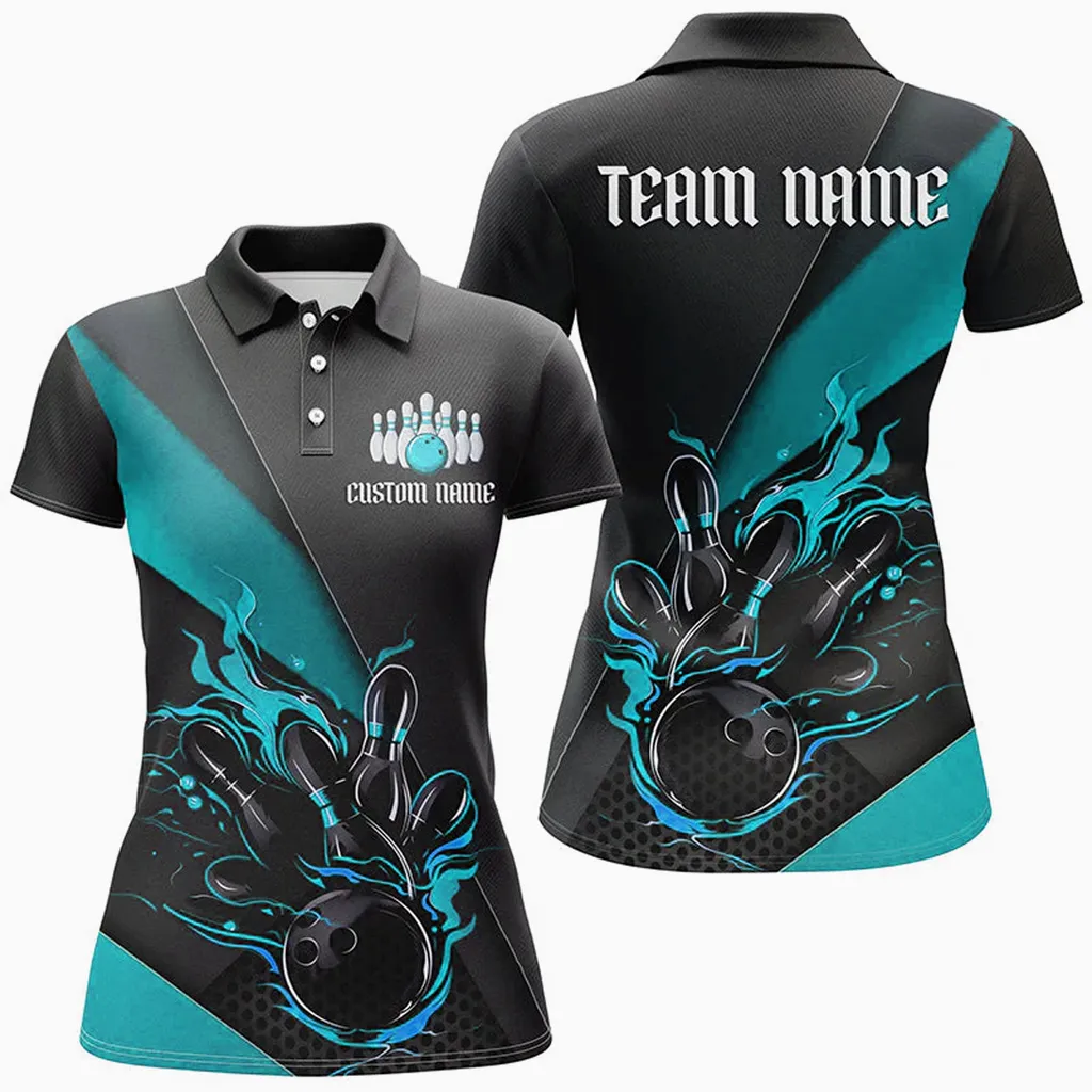 Bowling And Pins Strike Tournament Multicolor Option Customized Name 3D Polo Shirt For Women