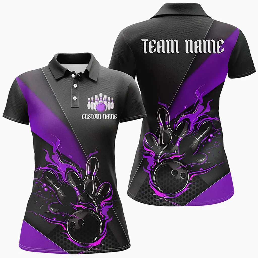 Bowling And Pins Strike Tournament Multicolor Option Customized Name 3D Polo Shirt For Women