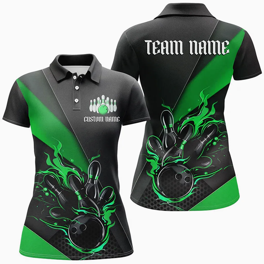 Bowling And Pins Strike Tournament Multicolor Option Customized Name 3D Polo Shirt For Women