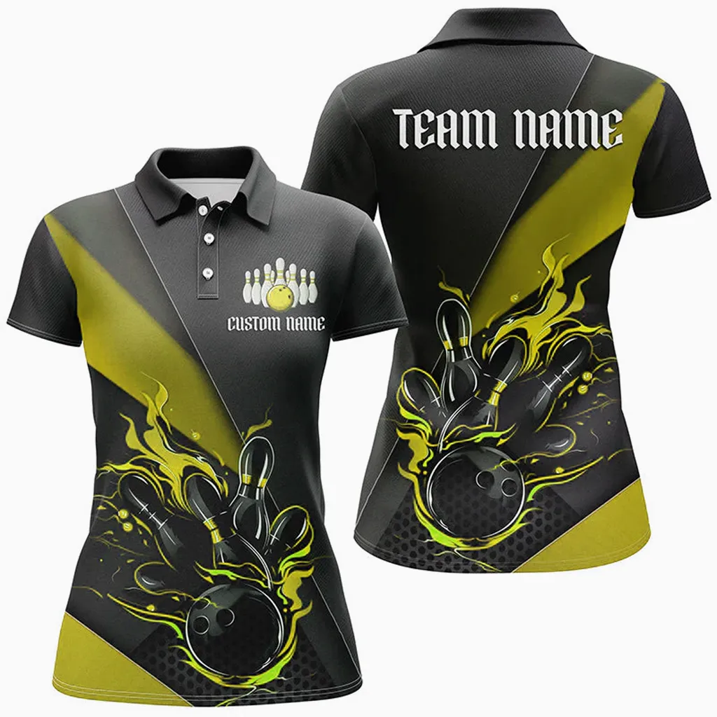 Bowling And Pins Strike Tournament Multicolor Option Customized Name 3D Polo Shirt For Women