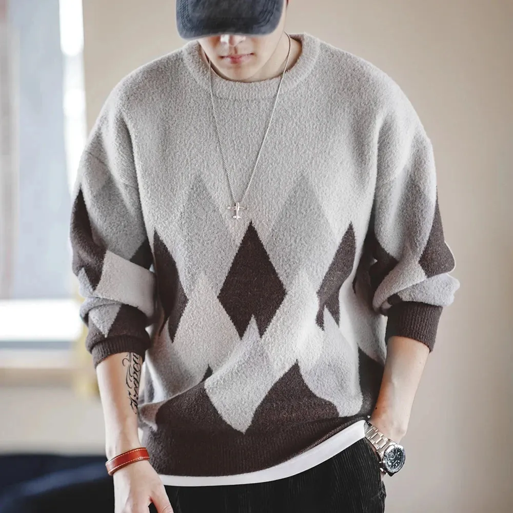 Casual Diamond Jacquard Sweater with Snow Mountain Pattern and Round Neck