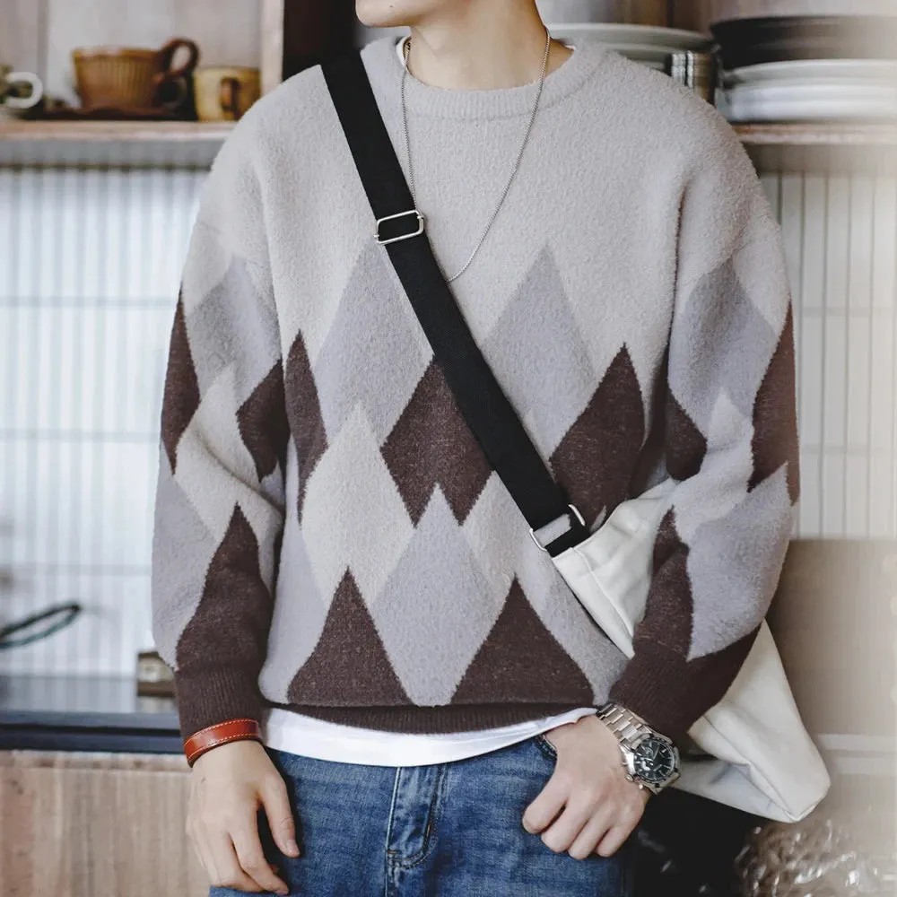 Casual Diamond Jacquard Sweater with Snow Mountain Pattern and Round Neck