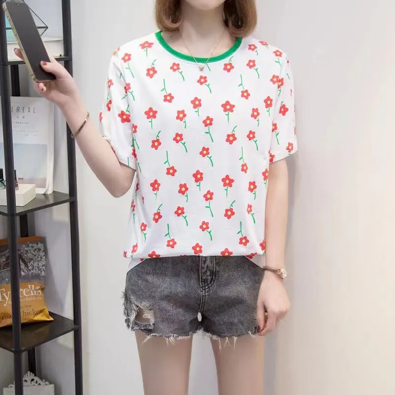 Chic Flower Round Neck Print Versatile Loose Fit Slimming Short Sleeve Tee