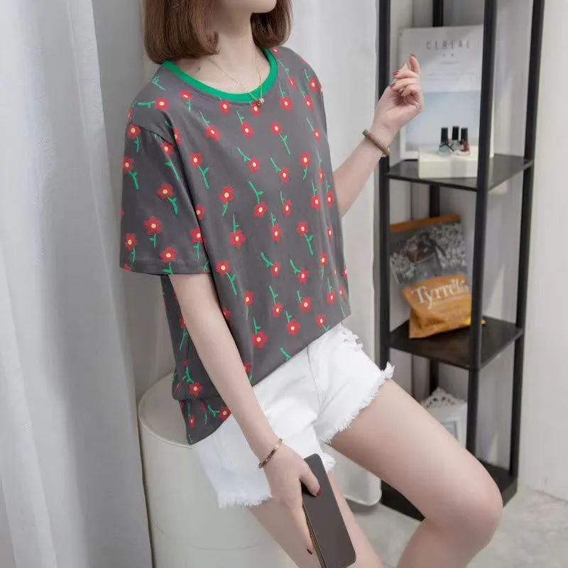 Chic Flower Round Neck Print Versatile Loose Fit Slimming Short Sleeve Tee