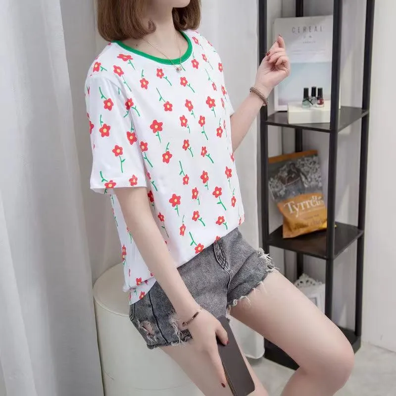 Chic Flower Round Neck Print Versatile Loose Fit Slimming Short Sleeve Tee