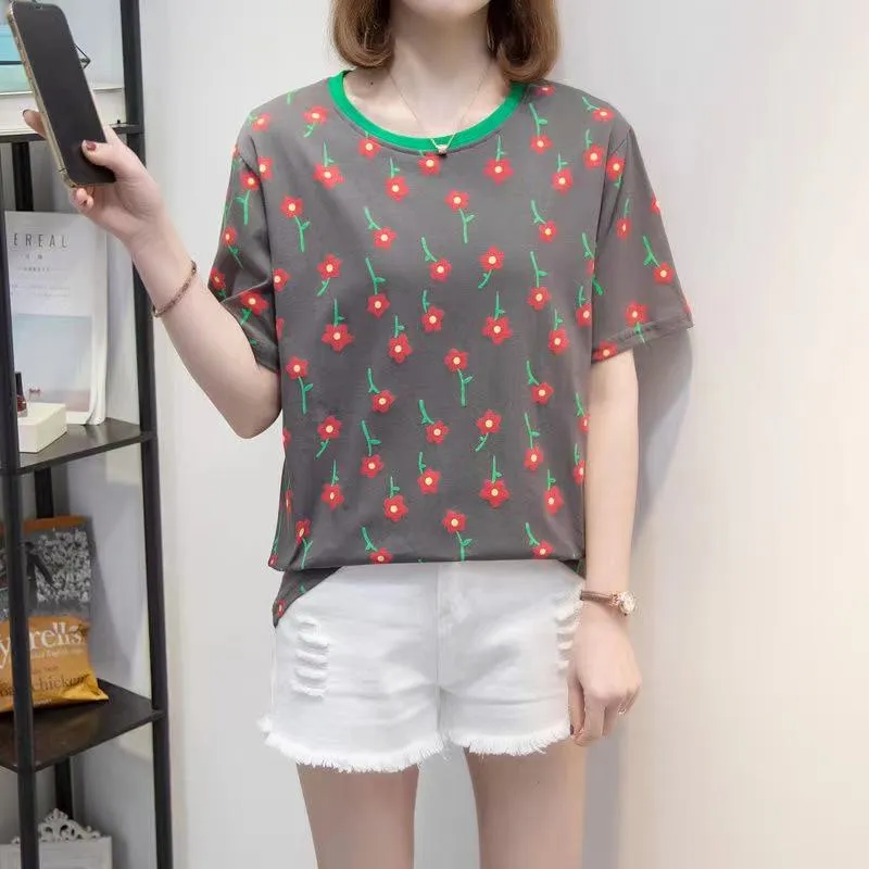 Chic Flower Round Neck Print Versatile Loose Fit Slimming Short Sleeve Tee