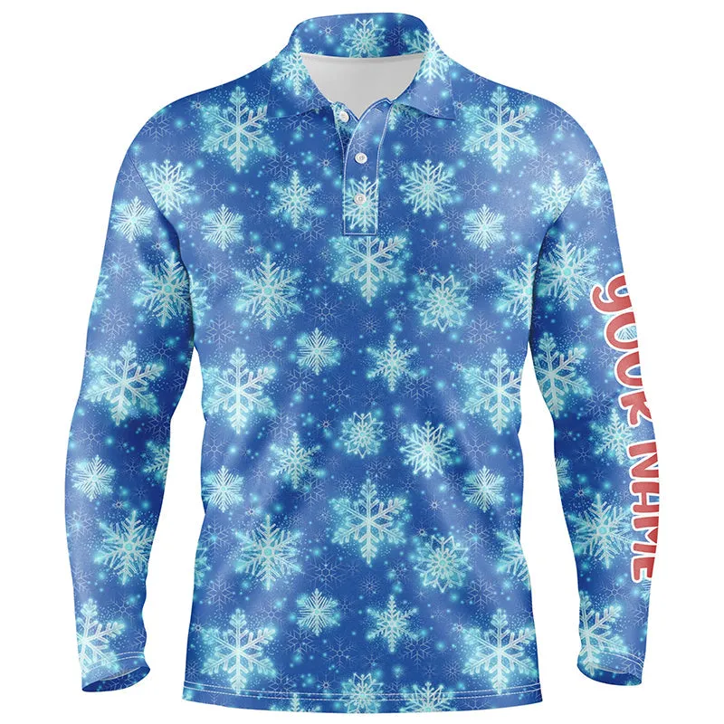 Christmas Glitter With Snowflakes Blue Golf Mens Polo Shirts Custom Christmas Golf Gifts For Men