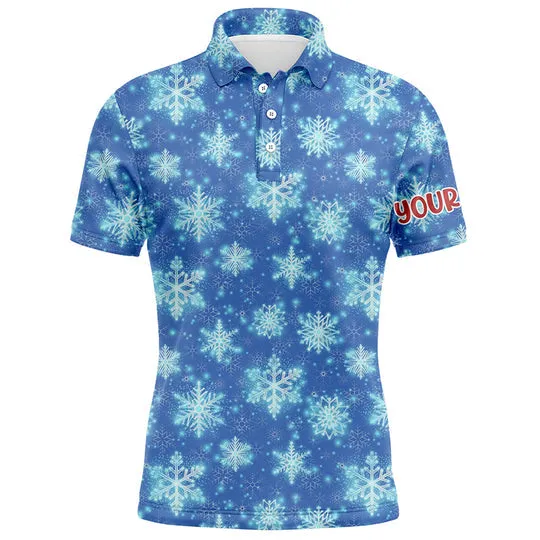 Christmas Glitter With Snowflakes Blue Golf Mens Polo Shirts Custom Christmas Golf Gifts For Men