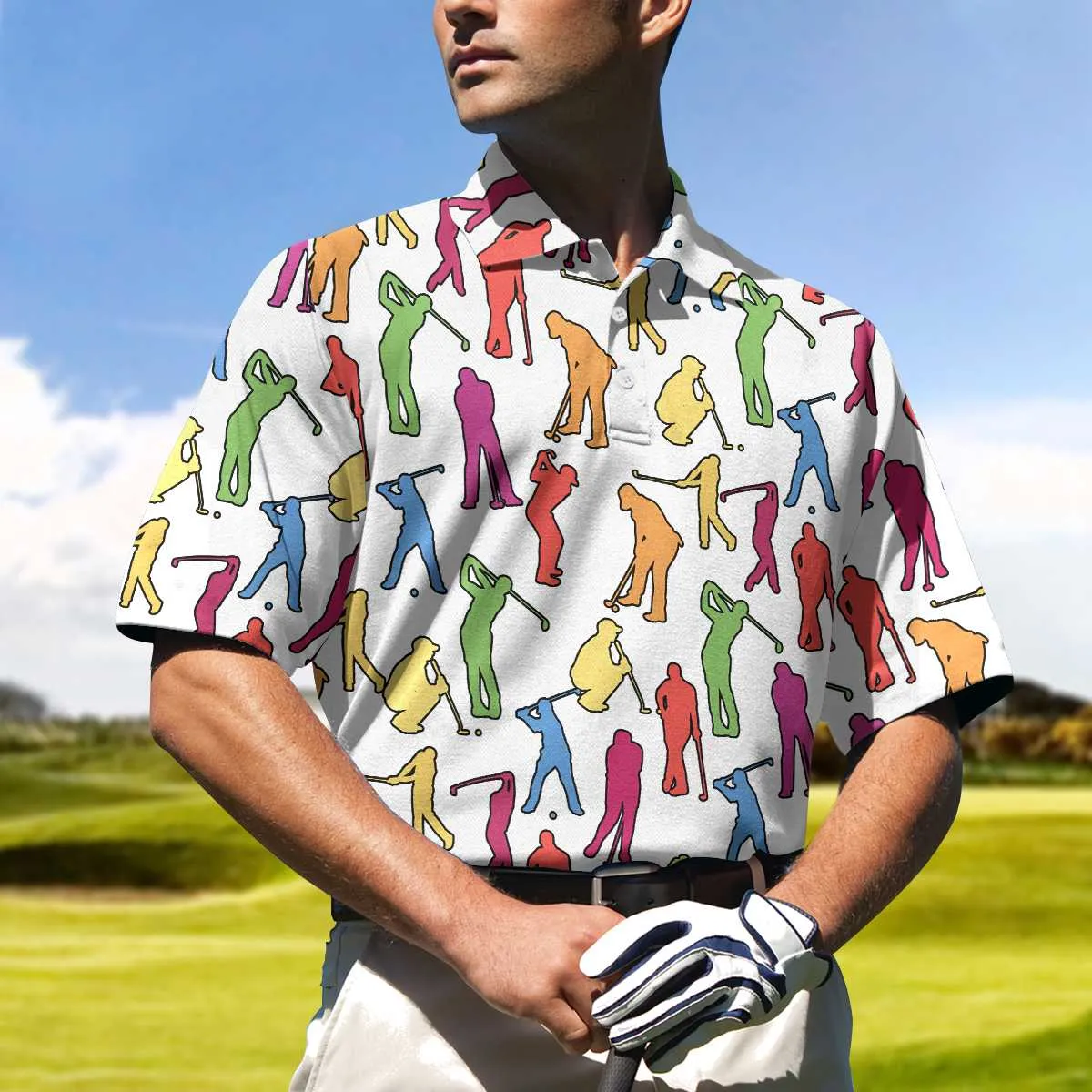 Colorful Male Golfer Short Sleeve Polo Shirt, White Silhouette Polo Shirt, Best Golf Shirt For Men Coolspod