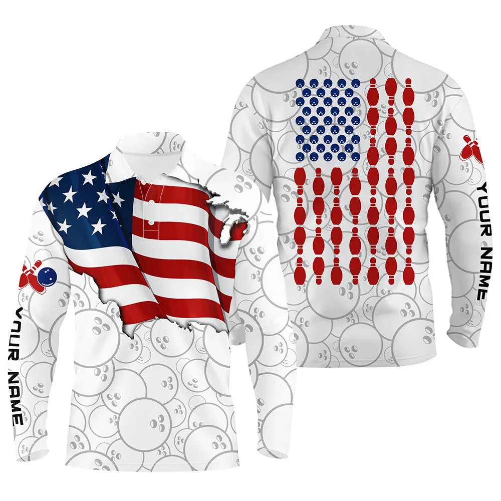 Custom Bowling Shirts For Men American Flag Patriotic Bowling Ball & Pins White Mens Long Sleeve Polo Shirts