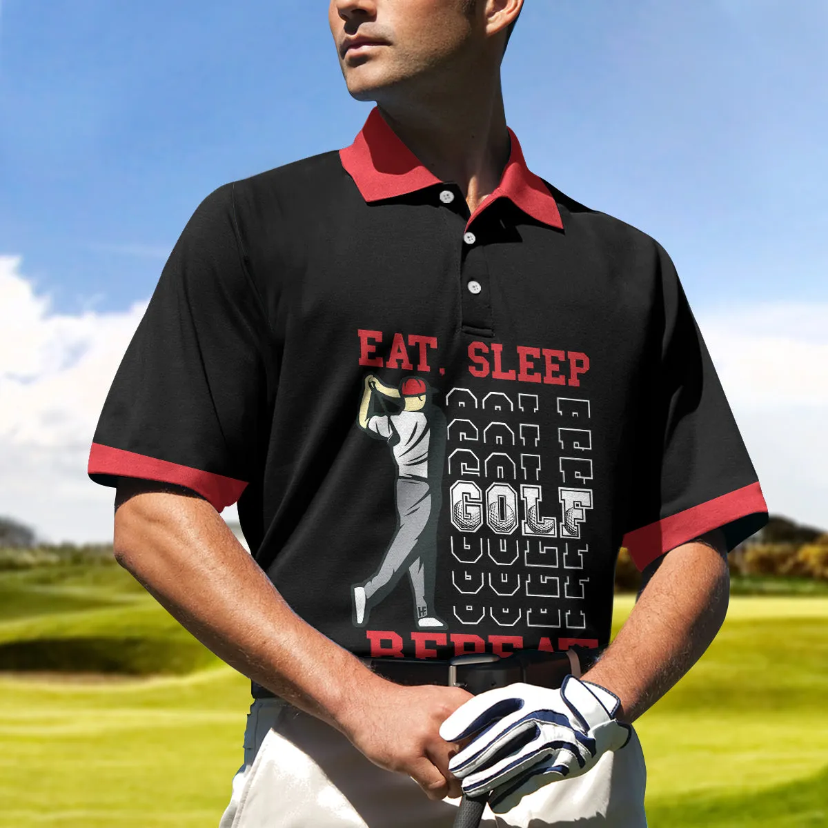 Eat Sleep Golf Repeat Polo Shirt, Short Sleeve Sporty Golfing Polo Shirt, Best Golf Shirt For Men Coolspod