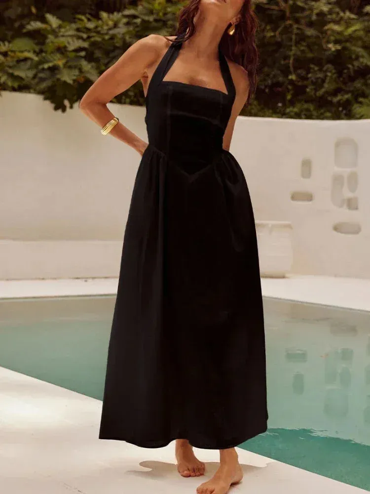 Elegant Long Women's Summer A-line Halter Maxi Dress