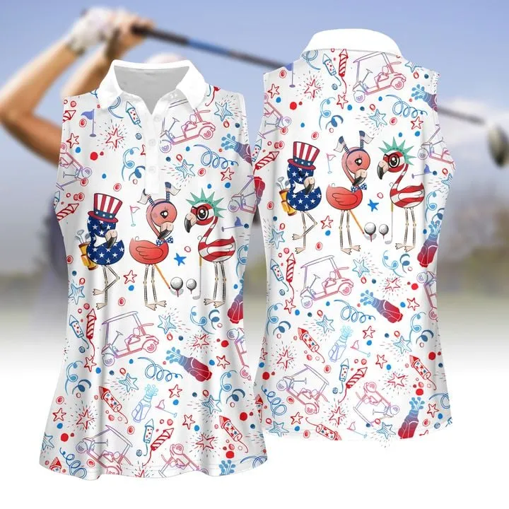 Flamingo Independence Day Pattern Women Golf Apparels, Golf polo shirt for women