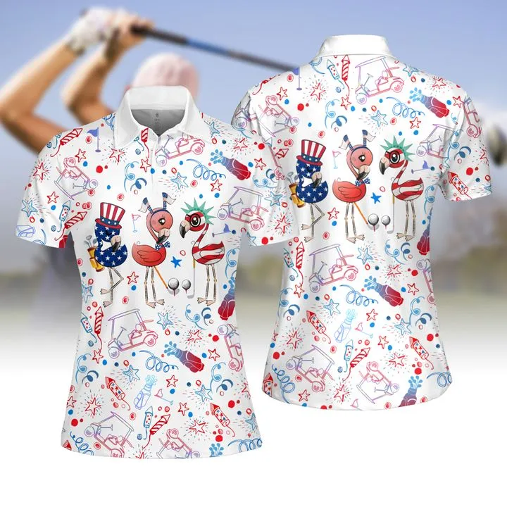 Flamingo Independence Day Pattern Women Golf Apparels, Golf polo shirt for women