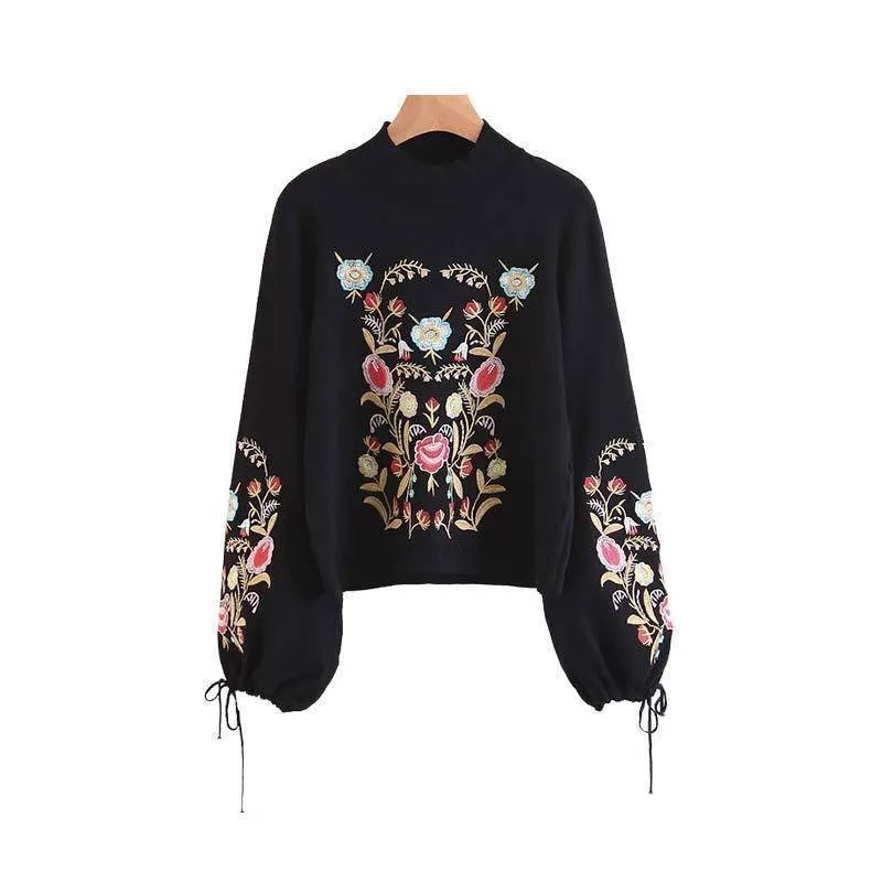 Floral embroidery bow tie sleeve black pullover (US 2-8)