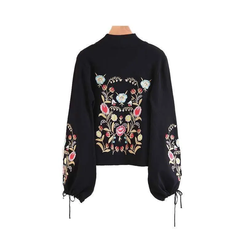 Floral embroidery bow tie sleeve black pullover (US 2-8)