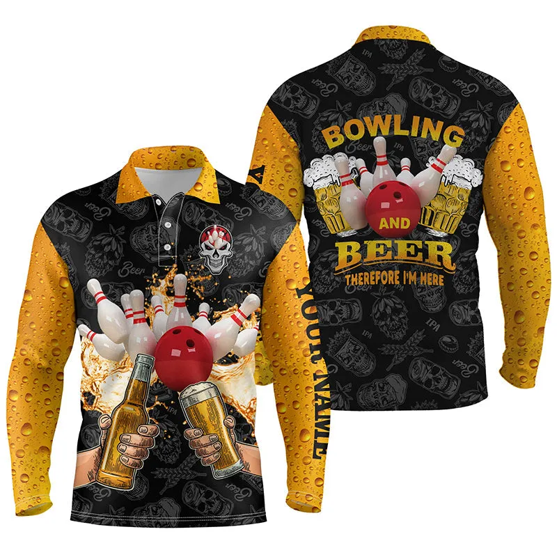 Funny Bowling Beer Skull Bowling Long Sleeve Polo Shirts For Men Custom Name Bowling And Beer Therefore I'm Here