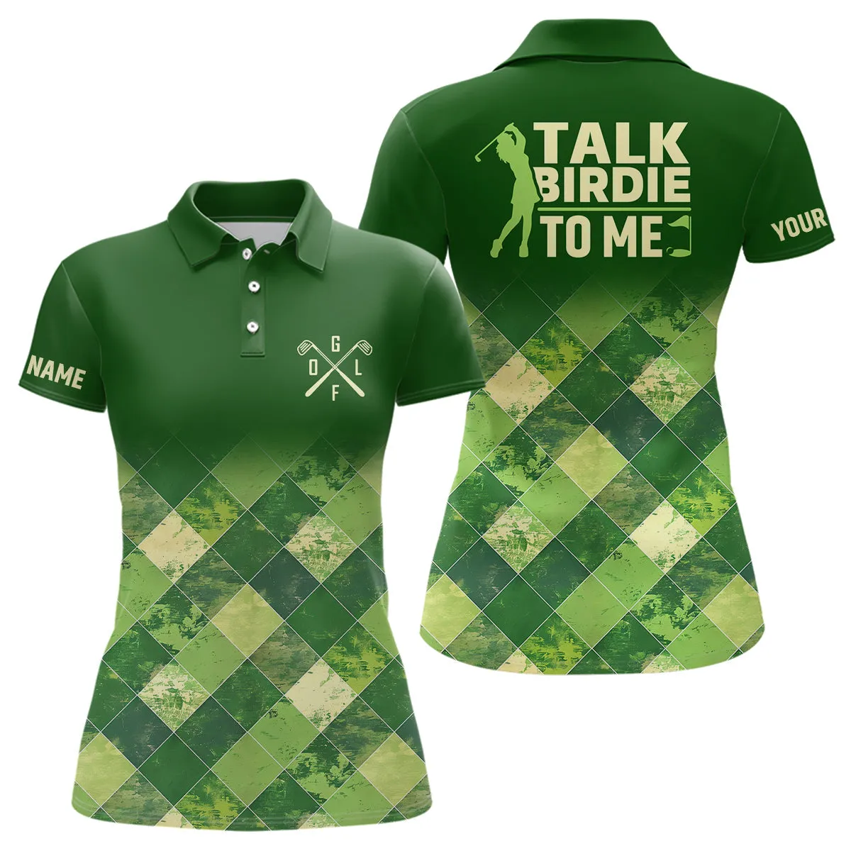 Funny Womens Sleeveless Golf Shirt Custom Green Argyle Pattern Golf Shirt For Ladies Talk Birdie To Me