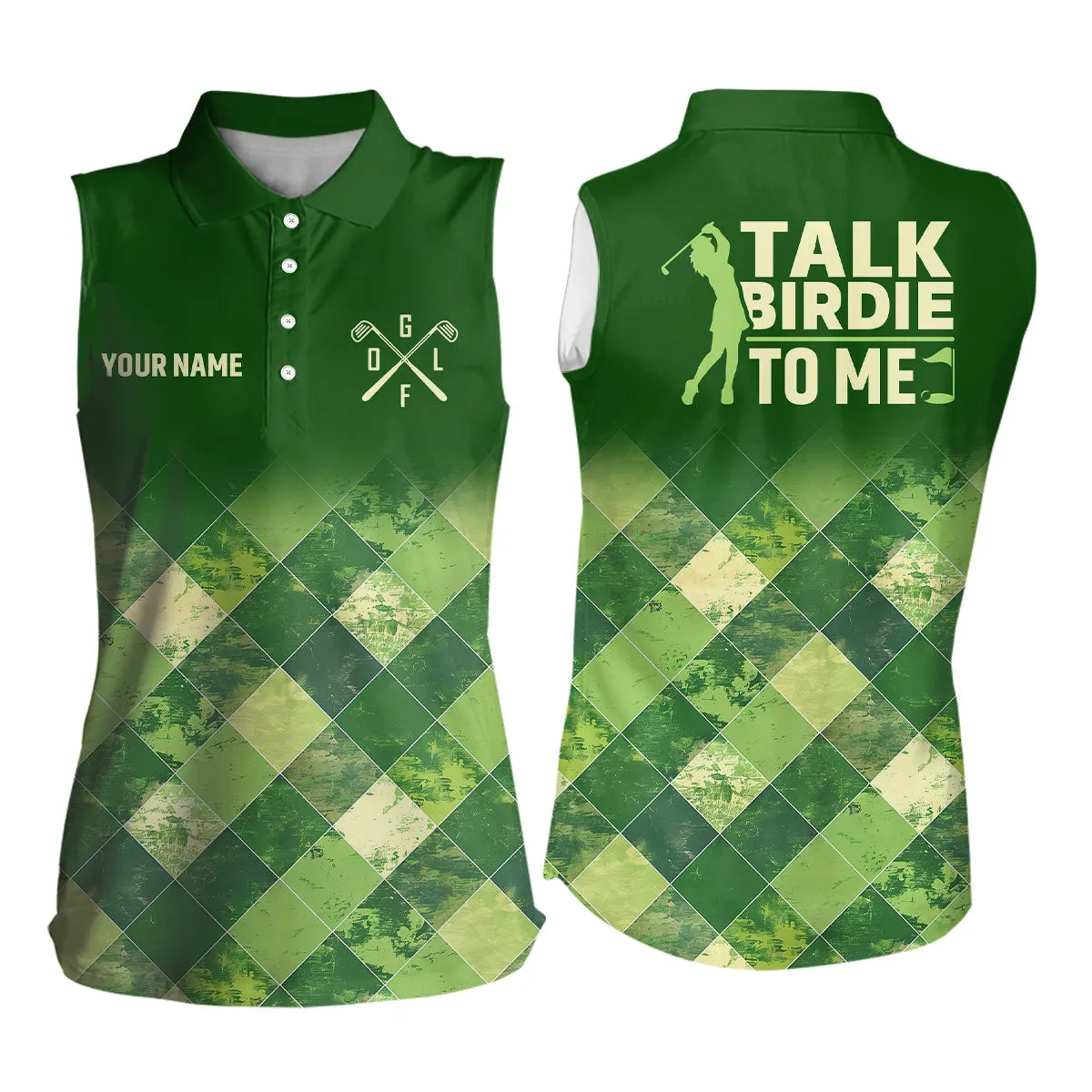 Funny Womens Sleeveless Golf Shirt Custom Green Argyle Pattern Golf Shirt For Ladies Talk Birdie To Me