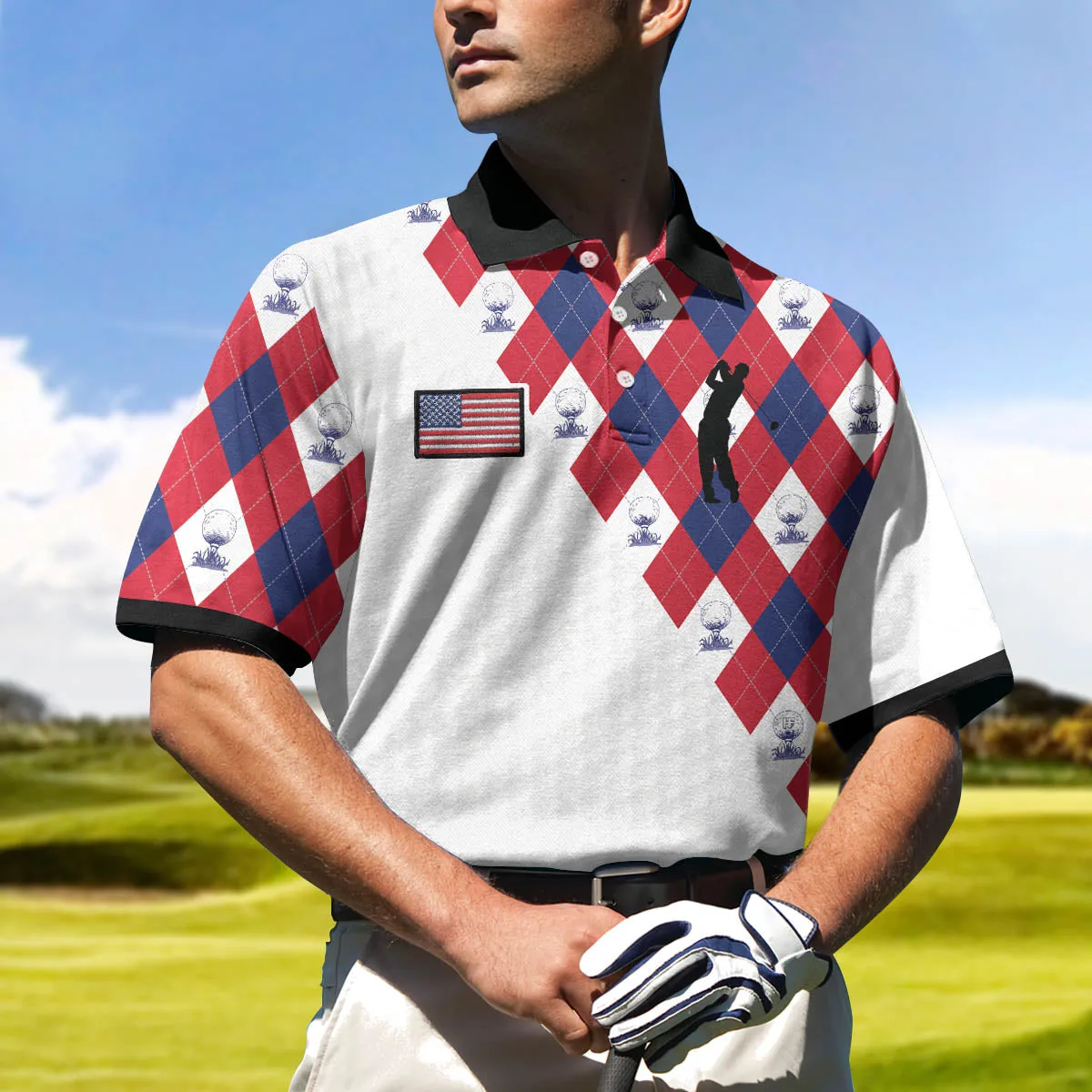 Golf Argyle Pattern Short Sleeve Golf Polo Shirt, American Flag Polo Shirt, Patriotic Golf Shirt For Men Coolspod