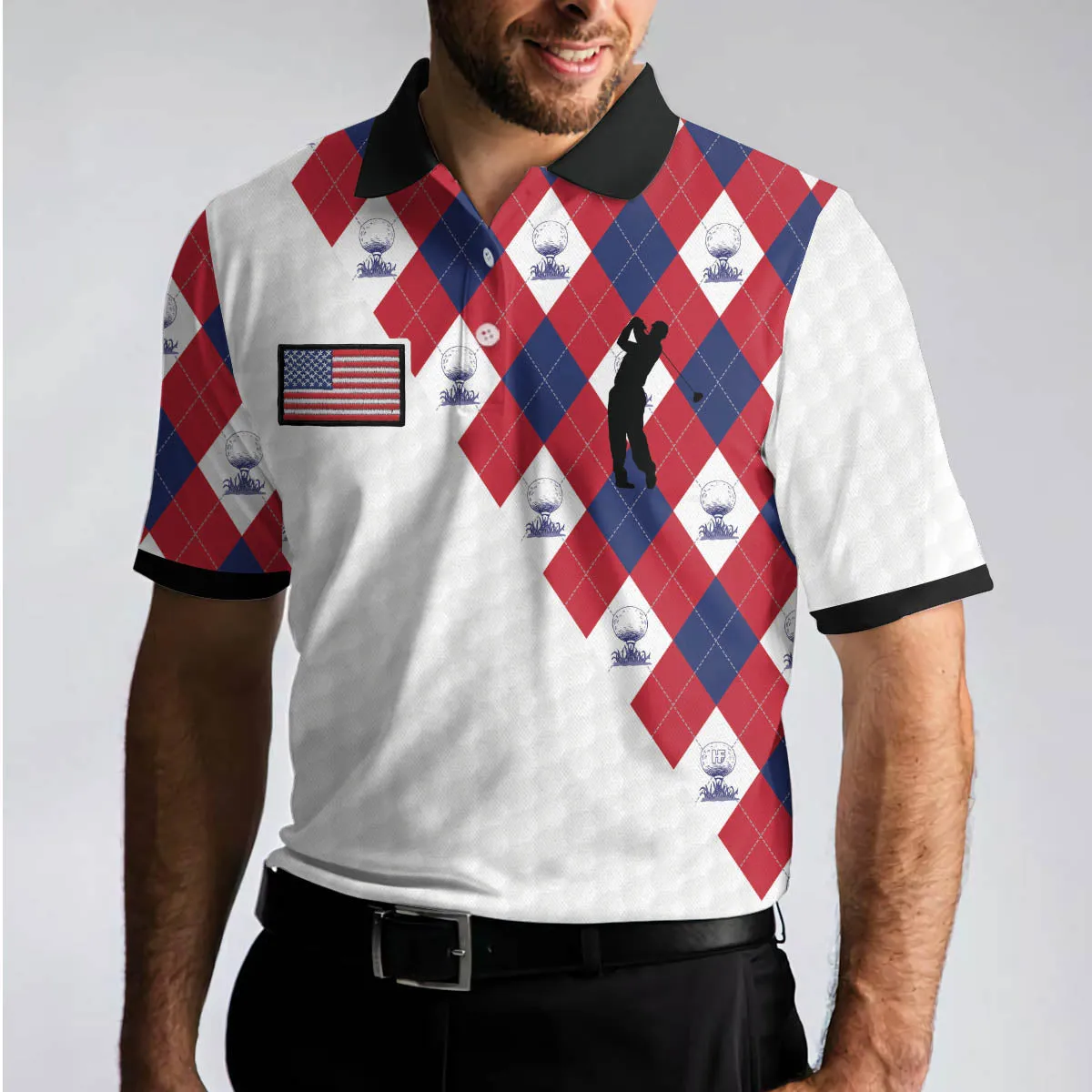 Golf Argyle Pattern Short Sleeve Golf Polo Shirt, American Flag Polo Shirt, Patriotic Golf Shirt For Men Coolspod